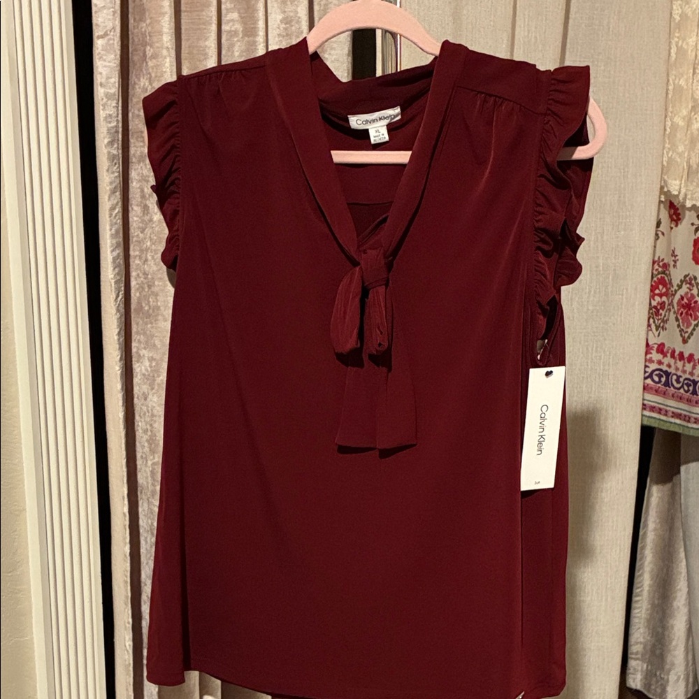 Calvin Klein Burgundy Tie-Neck Blouse